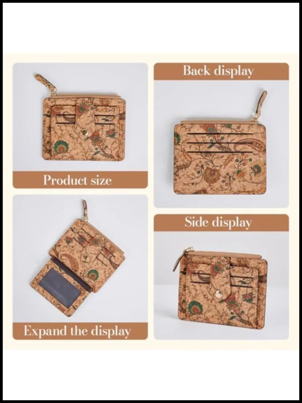 Floral Cork Card Holder Slim Wallet Multi-Compartment Zipper 10 Card Slots